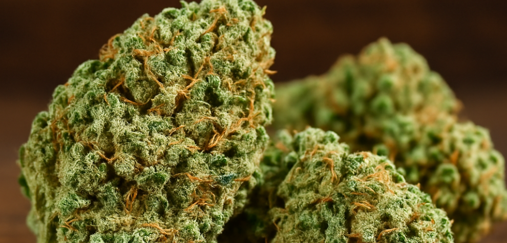 OG Kush cannabis buds on a wooden surface, displaying dense texture and signature green and orange hues