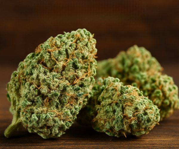 OG Kush cannabis buds on a wooden surface, displaying dense texture and signature green and orange hues