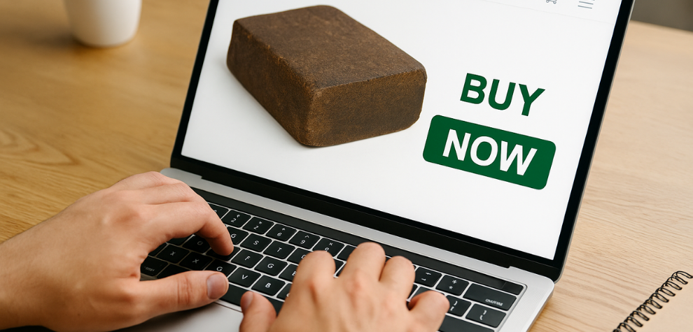 Person ordering cannabis hash online with 'Buy Now' button, representing easy access to the best hash online in Canada