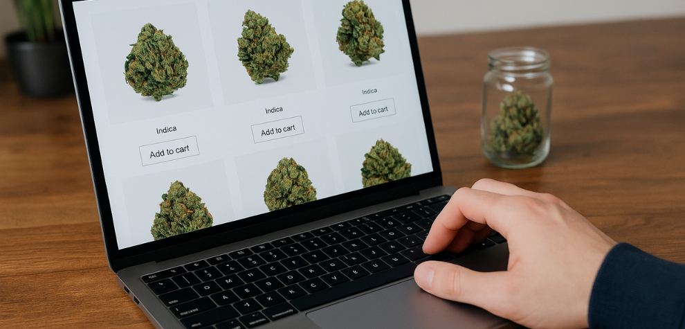 Person browsing cannabis online store with indica strains on a laptop