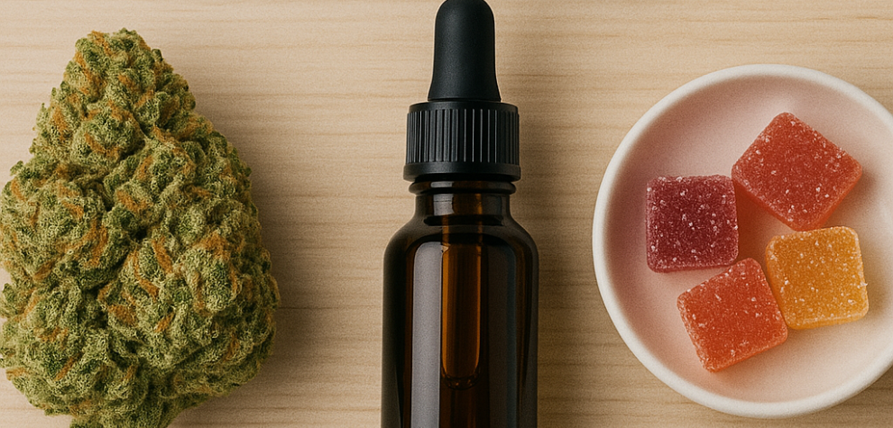 Cannabis flower, pre-roll, oil dropper bottle, and gummies displayed on a wooden surface