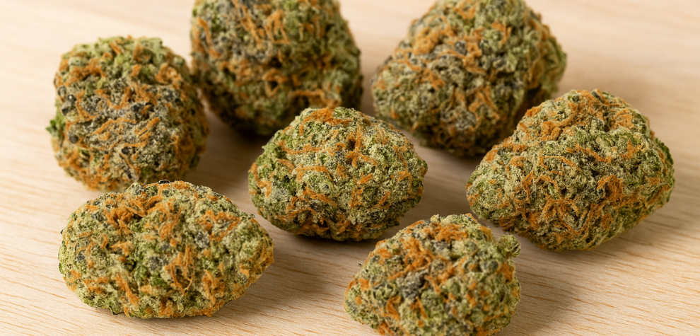 Close-up of dense, high-quality cannabis buds with vibrant orange hairs, showcasing popular top shelf cannabis strains