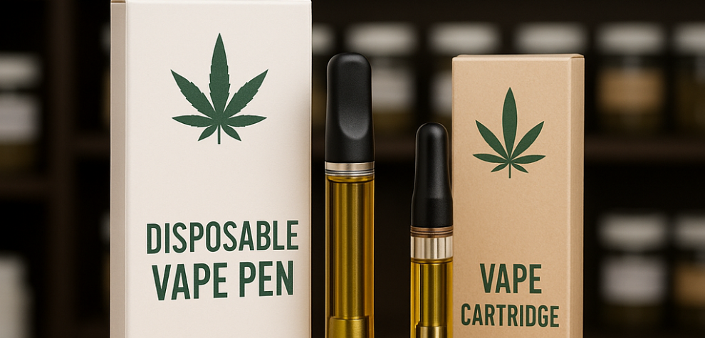 Disposable vape pen and vape cartridge displayed with packaging at a cannabis dispensary