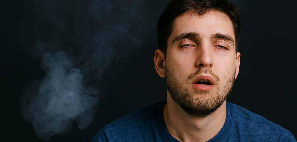 Man experiencing drowsiness and heavy sedation, showing possible side effects of Astro Pink weed