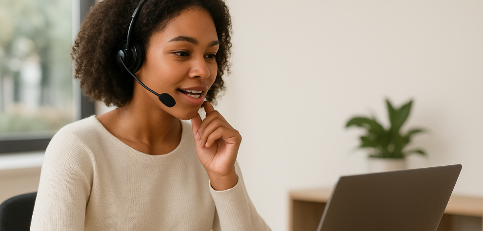 Smiling woman with headset assisting a customer via video call, representing responsive online dispensary customer support