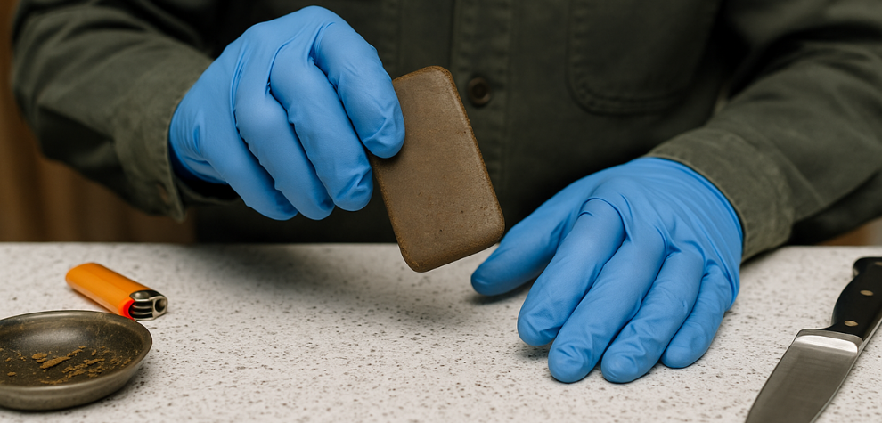 Person wearing blue gloves handling a block of hash with tools nearby, demonstrating safety tips and best practices when making hash