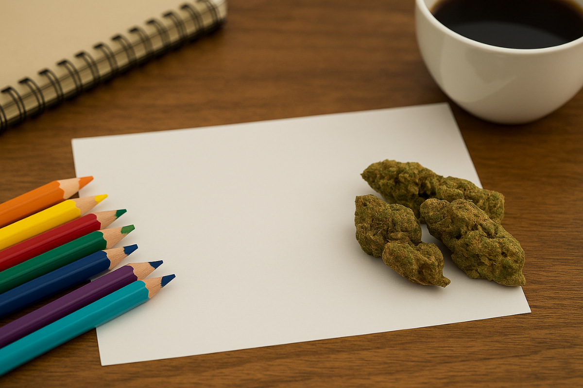 Colorful pencils, cannabis buds, and coffee on a desk symbolizing creativity with sativa pot strains