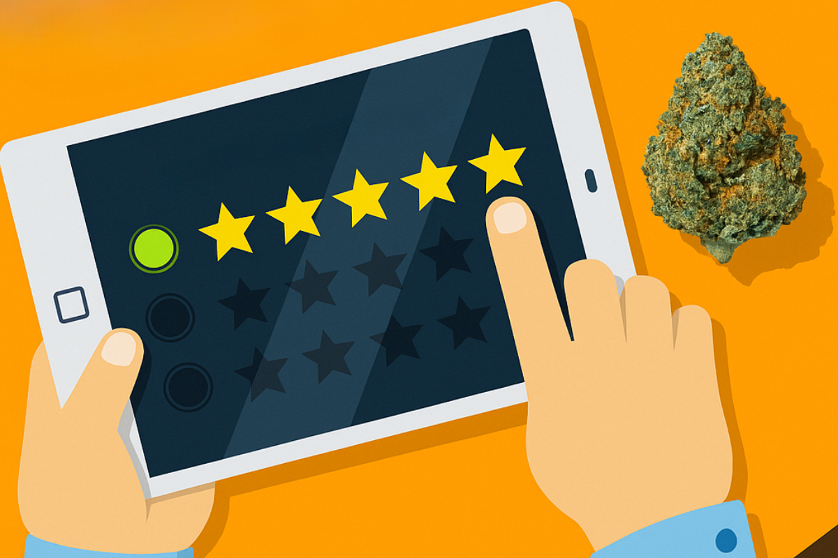 User giving a review on tablet with Gastro Pop strain buds on table