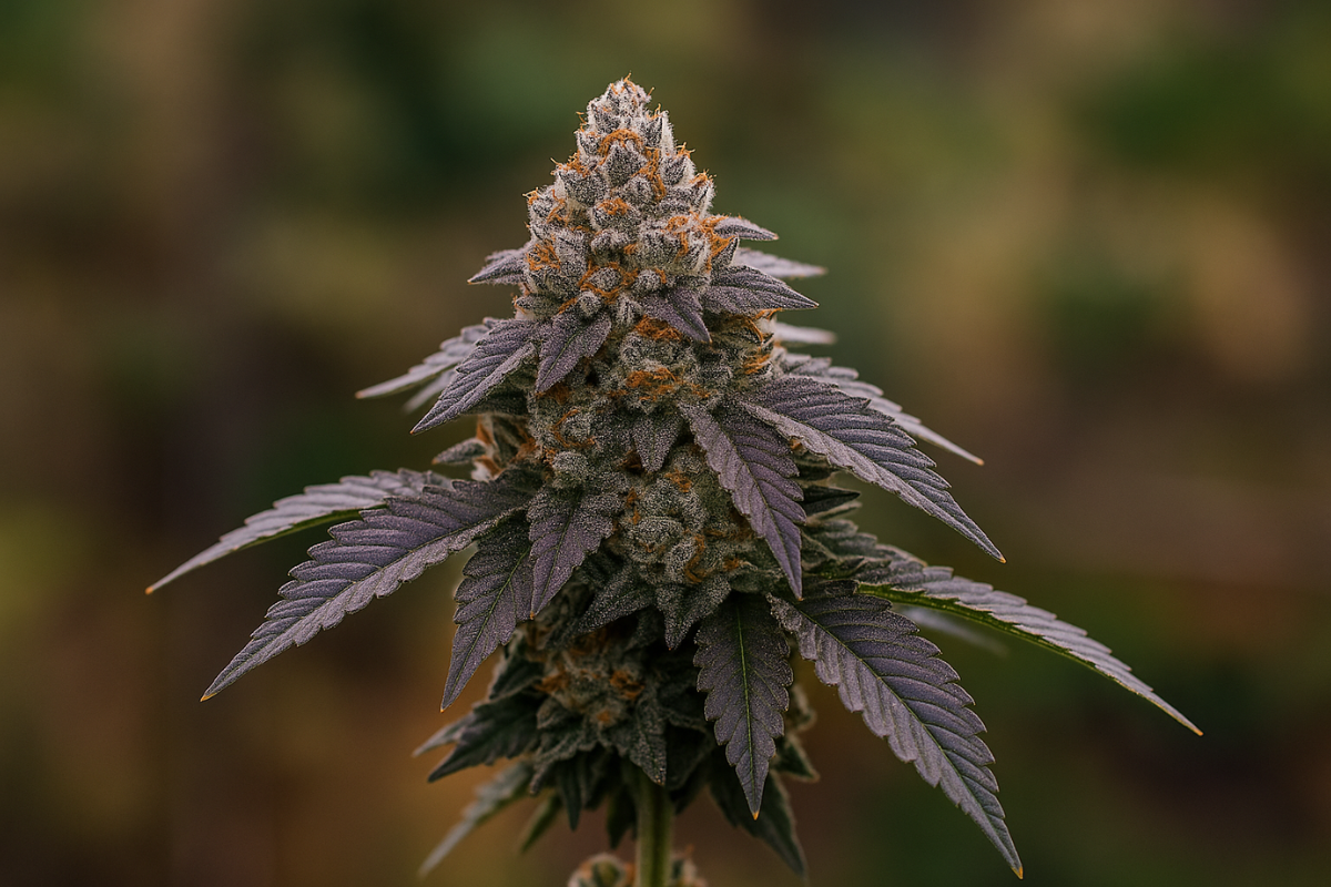 Close-up of the Slurricane strain cannabis flower with purple hues, showcasing its rich trichomes and calming appeal