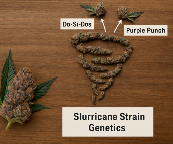 Slurricane strain genetics chart showing its lineage from Do-Si-Dos and Purple Punch on a wooden background