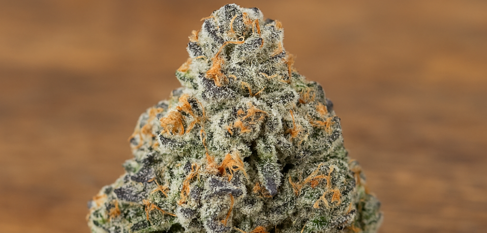 Close-up of Slurricane strain bud showing frosty trichomes and purple-orange hues on a wooden surface