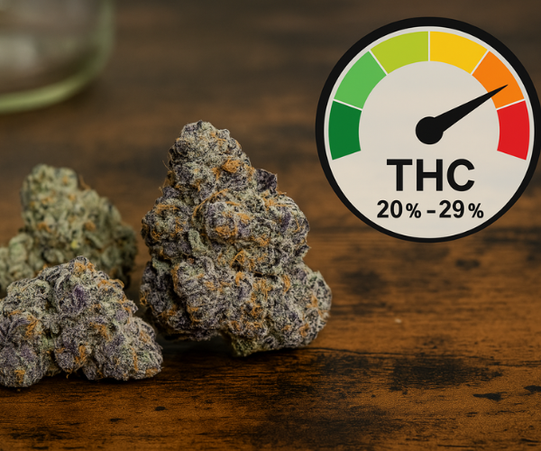 Slurricane strain buds next to THC meter graphic showing 20%–29% THC potency