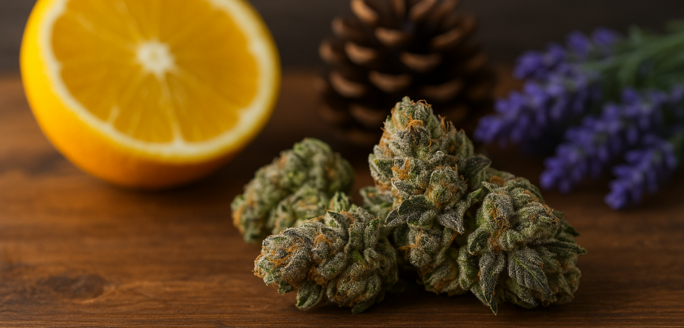 Slurricane strain buds with orange, pine cone, and lavender showing its terpene profile
