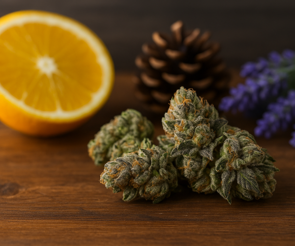 Slurricane strain buds with orange, pine cone, and lavender showing its terpene profile