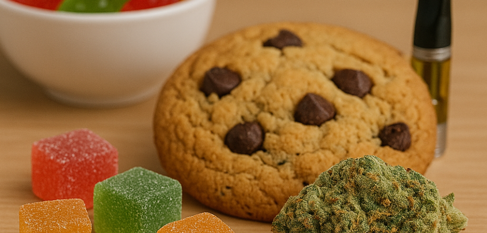 Cannabis edibles like gummies and cookies with a vape and bud from an online cannabis shop