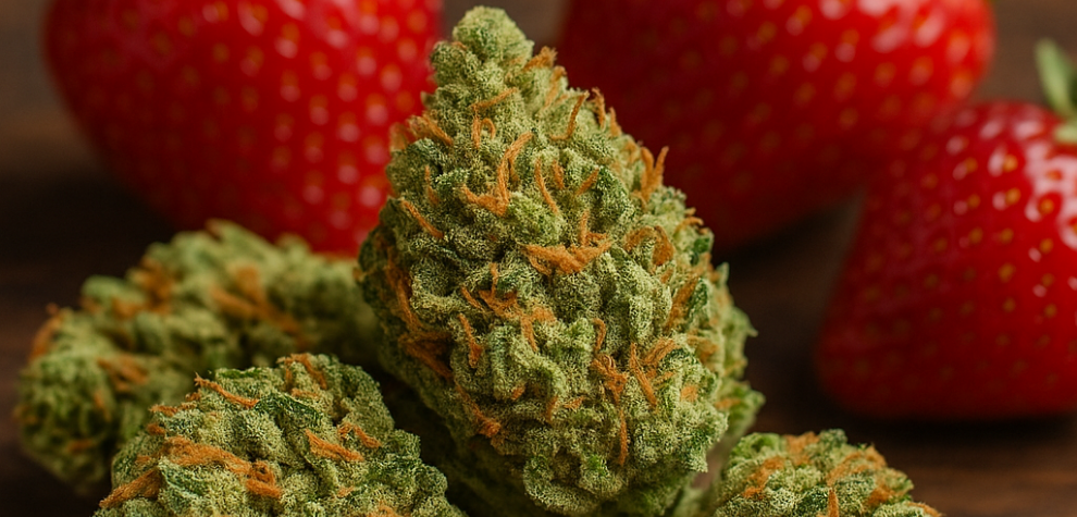 Strawberry Cough cannabis buds placed with fresh strawberries, highlighting the strain’s sweet aroma and flavor profile