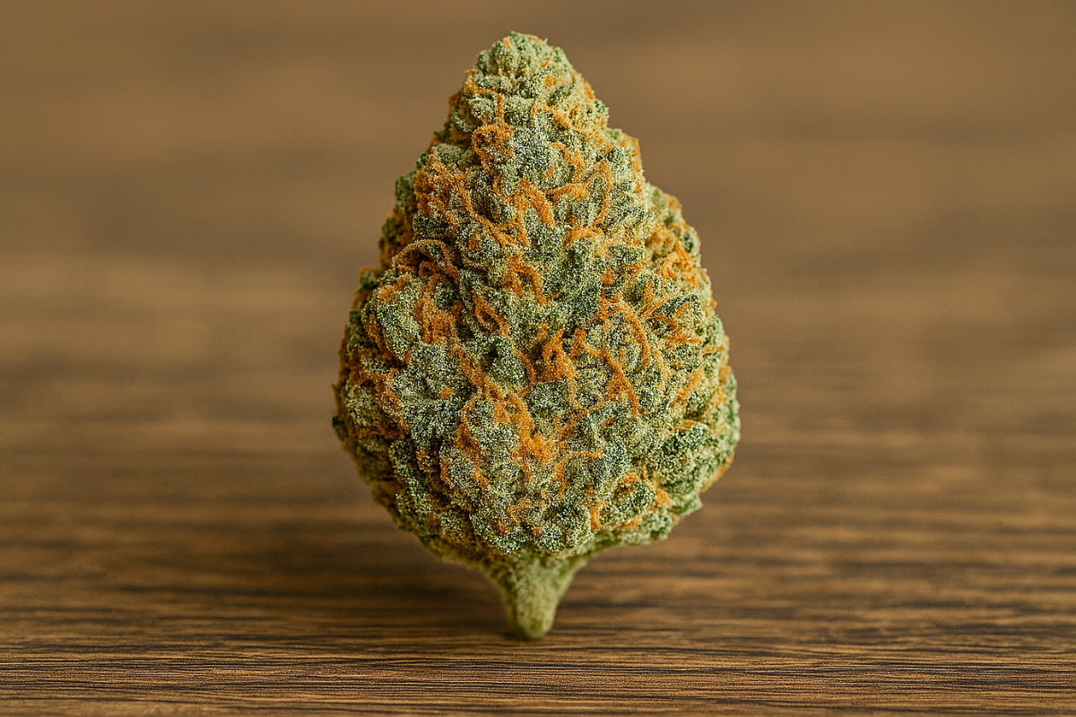 Close-up of a frosty Amnesia Haze strain cannabis bud with orange hairs, showcasing its classic Dutch genetics and appeal in Canada