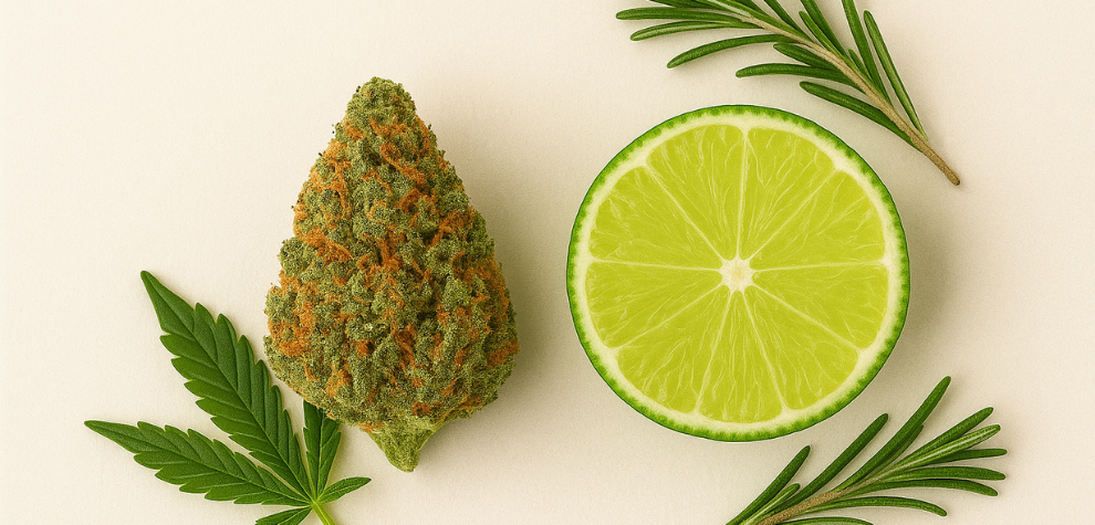 Amnesia Haze Strain with lime slice, cannabis leaf, and rosemary, representing its citrus and herbal terpene profile