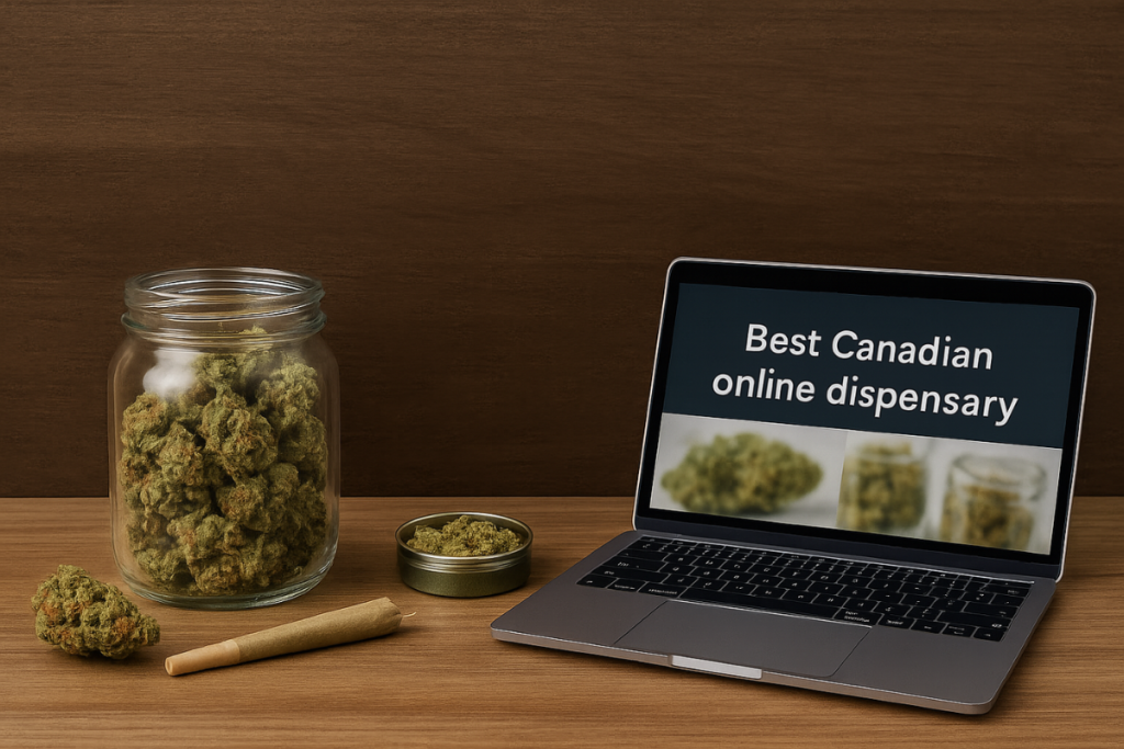 A laptop displaying “Best Canadian online dispensary” beside a jar of cannabis buds and a rolled joint on a wooden table
