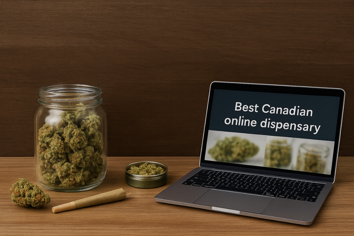 A laptop displaying “Best Canadian online dispensary” beside a jar of cannabis buds and a rolled joint on a wooden table