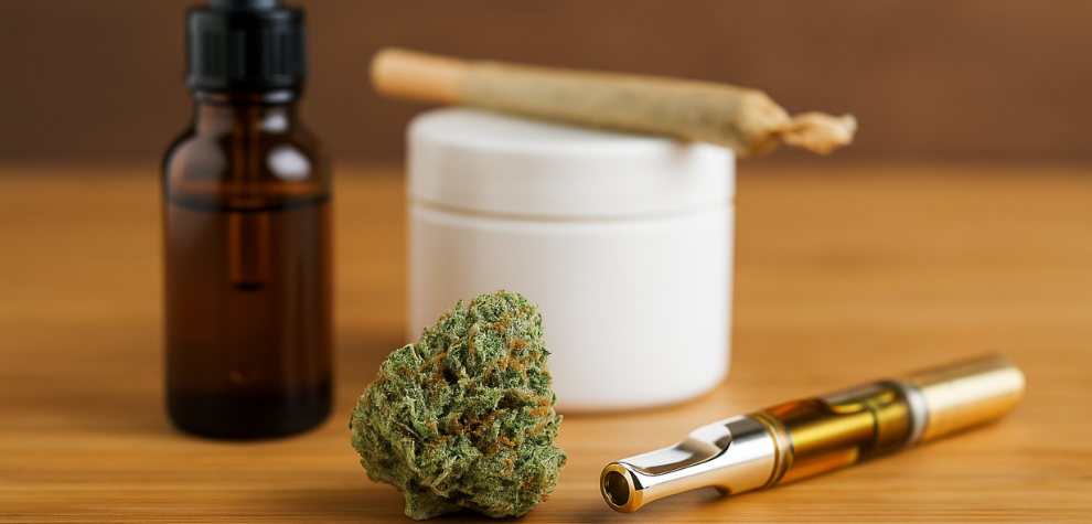 Various Northern Lights cannabis products including flower, vape cartridge, oil dropper, and pre-roll on a wooden surface