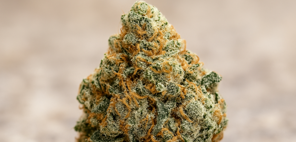A Hindu Kush cannabis bud highlighting frosty trichomes and orange hairs, showcasing the strain’s rich terpene profile