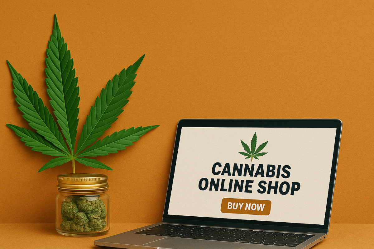 Laptop screen displaying "Cannabis Online Shop" next to a cannabis jar and leaf on orange background