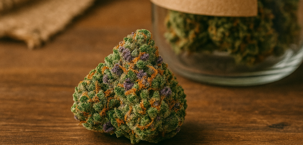 Top-shelf cannabis bud in front of a jar, showing premium quality from a cannabis store online