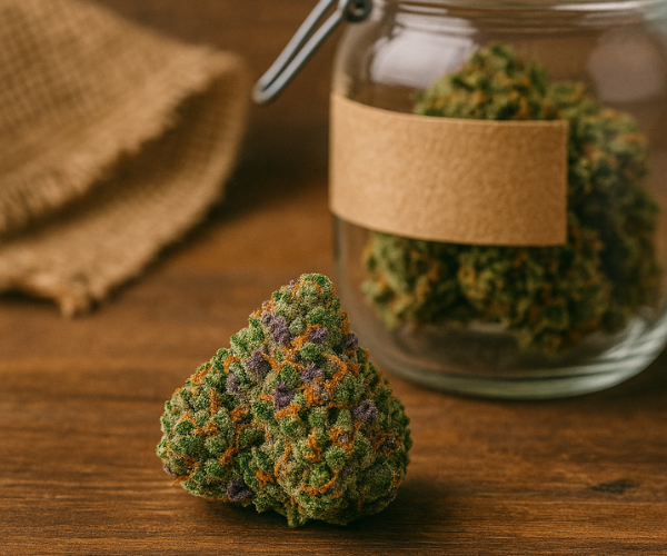 Top-shelf cannabis bud in front of a jar, showing premium quality from a cannabis store online