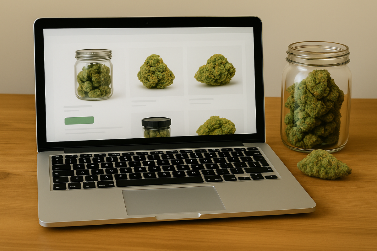 Laptop screen displaying premium cannabis buds and jars, with additional top shelf weed beside it, symbolizing luxury at an online cannabis store