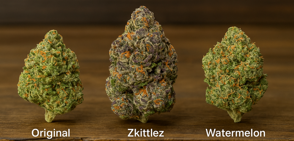 Close-up of three Zkittlez strain variations—Original Zkittlez, Zkittlez Cake, and Watermelon Zkittlez