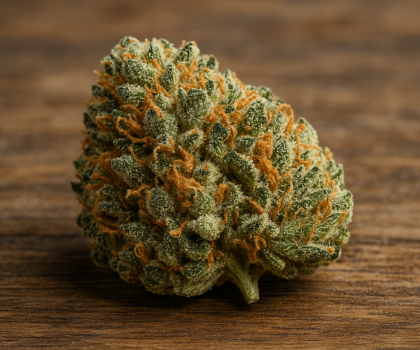 Close-up of Triangle Kush cannabis bud on wooden surface