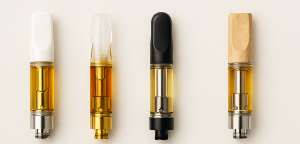 4 different types of weed pen cartridges with varying colors and mouthpiece designs