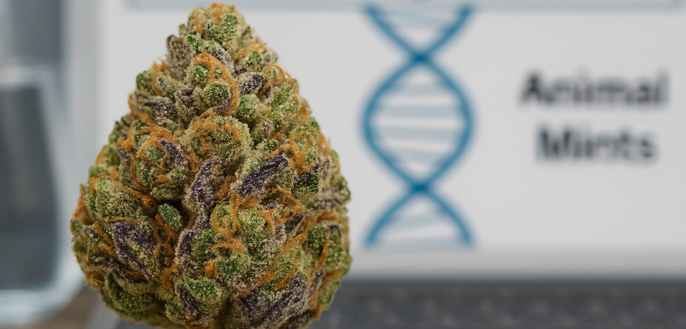 Close-up of Wedding Cake strain bud with genetic chart in the background