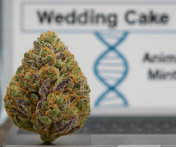 Close-up of Wedding Cake strain bud with genetic chart in the background