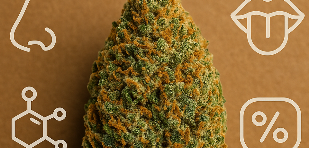 Close-up of Wedding Cake cannabis bud with icons for aroma, taste, terpenes, and THC content