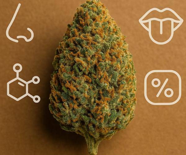 Close-up of Wedding Cake cannabis bud with icons for aroma, taste, terpenes, and THC content