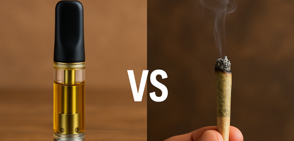 Weed pen cartridge next to a hand holding a lit joint, showing vaping vs traditional smoking methods