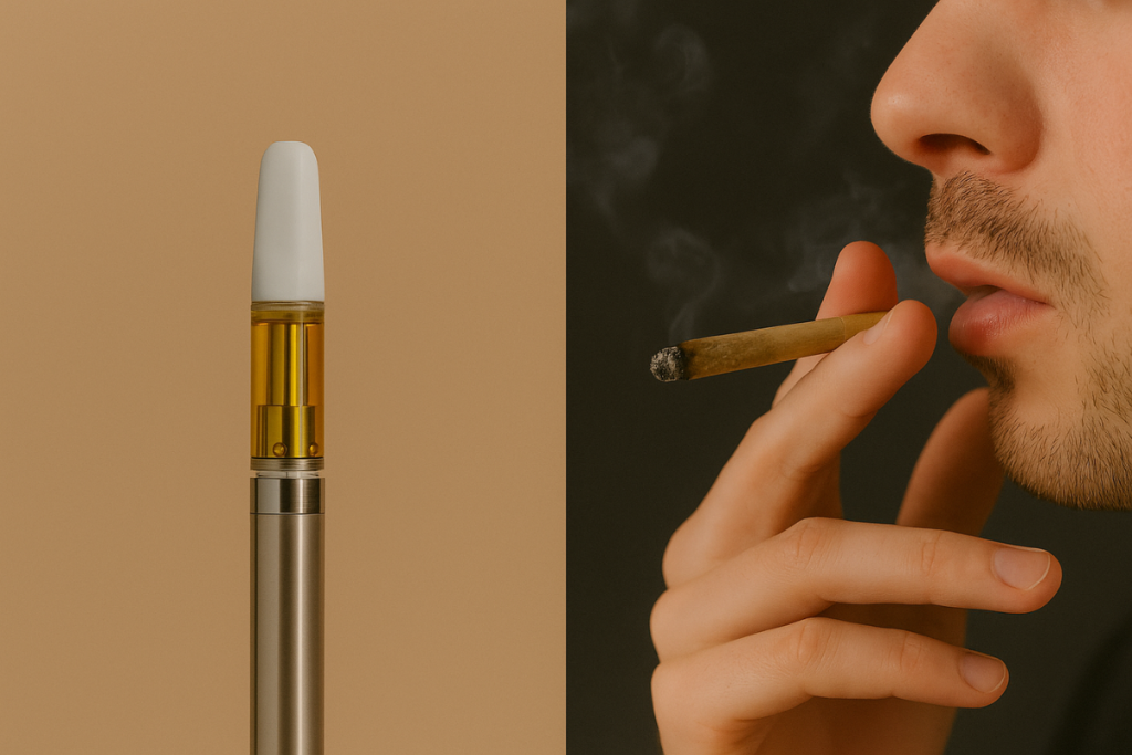 Weed pen cartridge next to a person smoking a joint, showing two cannabis consumption methods