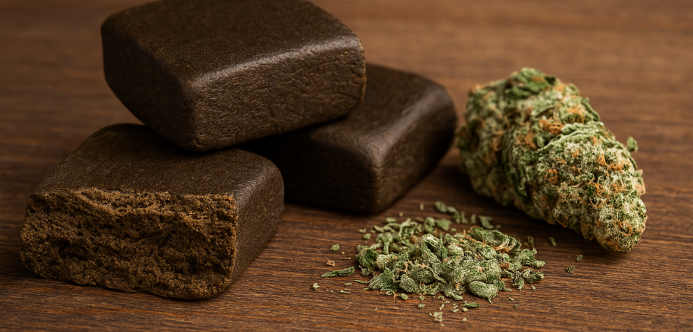 Various forms of cannabis hash and bud on wood surface, showcasing the best hash online in Canada for curious buyers