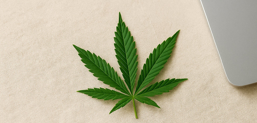 Cannabis leaf beside a laptop keyboard representing a Cannabis Online Shop