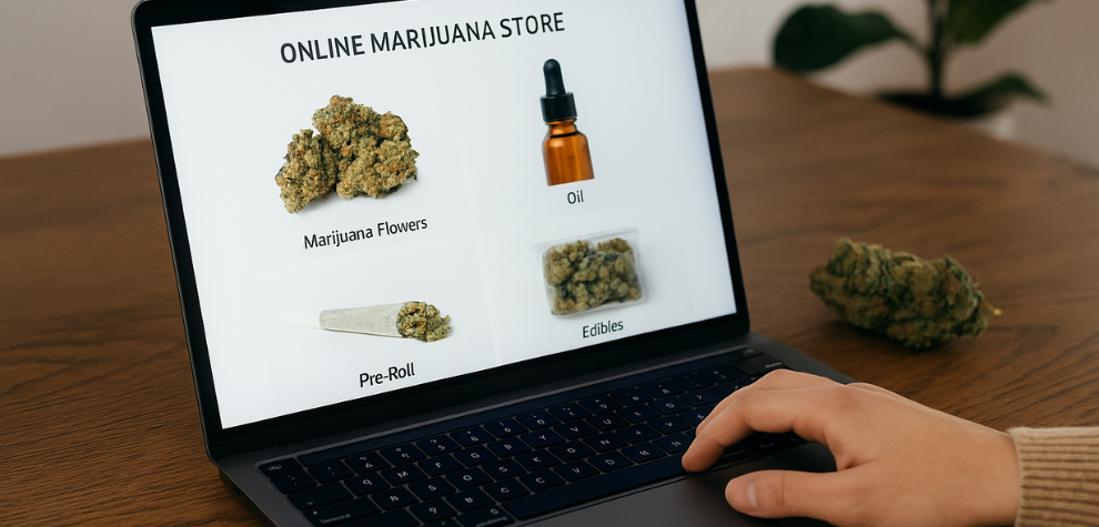 Person browsing an online marijuana store with product options like flowers, oil, pre-rolls, and edibles