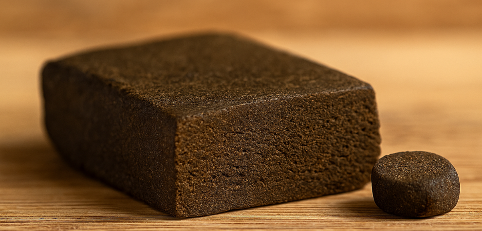 A block and pellet of hashish on a wooden surface — illustrating what hashish is and how it differs from other concentrates