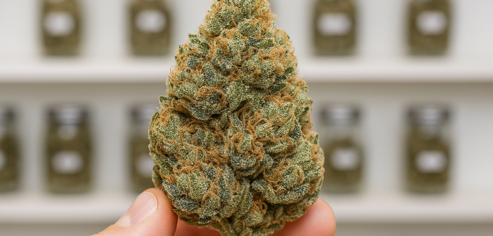 Close-up of a frosty, dense cannabis bud being held in front of neatly arranged jars at a top shelf cannabis dispensary