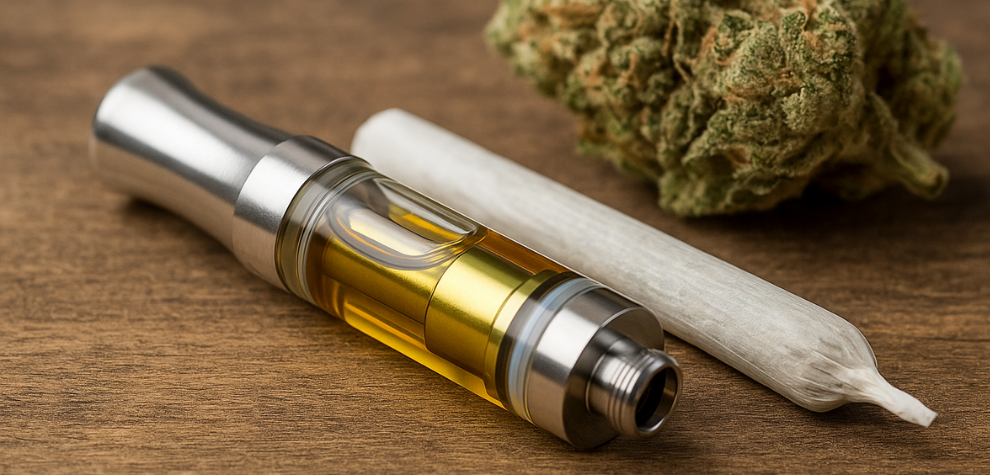 Weed pen cartridge with cannabis bud and joint on a wooden surface, showing common cannabis products