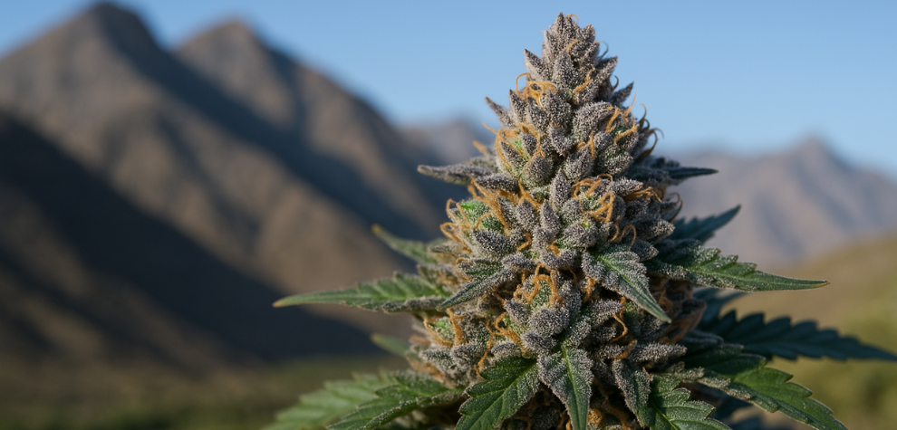 A frosty Hindu Kush cannabis bud growing outdoors with rugged mountains in the background, representing its pure landrace origins