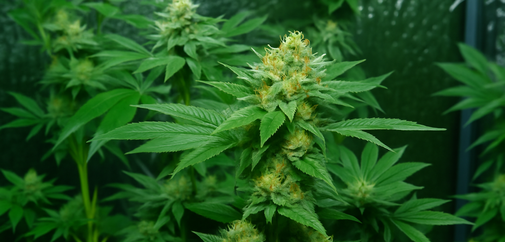 Amnesia Haze cannabis plant growing indoors, showcasing its rich green leaves and dense buds linked to its diverse genetic lineage