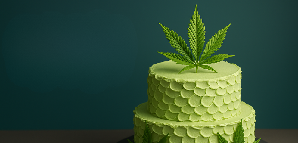A colorful layered cake decorated with cannabis leaves, symbolizing the Wedding Cake weed strain