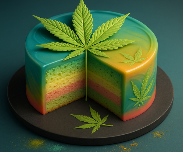 A colorful layered cake decorated with cannabis leaves, symbolizing the Wedding Cake weed strain