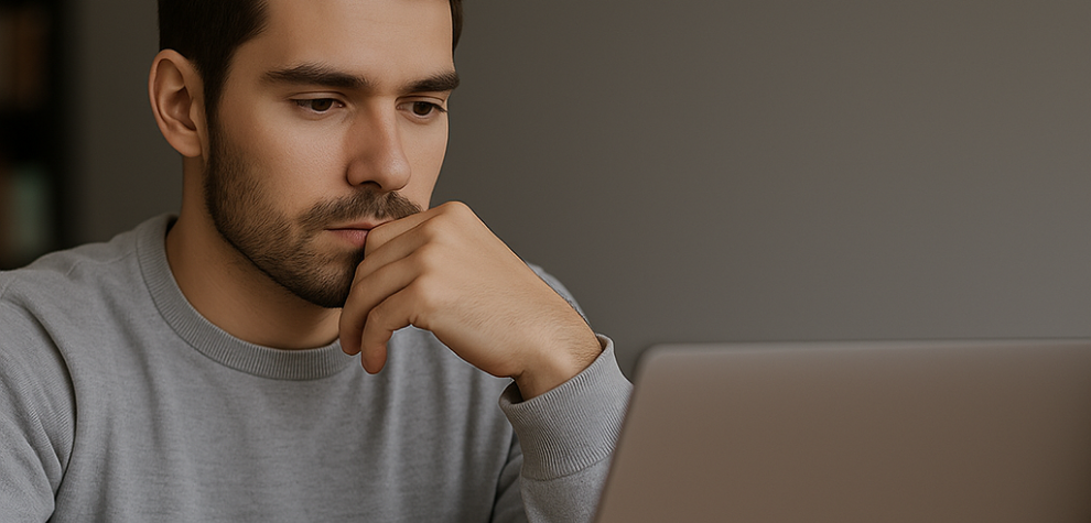 Man researching on laptop with cannabis buds beside him, considering buying weed online in Canada